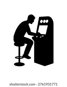 Man in silhouette playing a classic arcade game cabinet with joystick and buttons