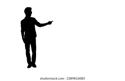 Man silhouette is pointing the empty area or copy space on white background.. Young man silhouette and text space concept for any information alert or advertising subject. Isolated.