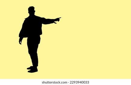 A man silhouette is pointing the empty space, text space or copy area with his hand. Isolated man silhouette on soft yellow background, positioned left. Web vector illustration man silhouette.