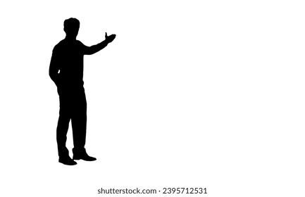 A man silhouette is pointing the empty space, text area or copy space with his hand. Isolated man silhouette on white background, positioned left. Web vector illustration man silhouette.