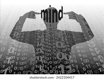 Man Silhouette Pointing Fingers His Head On Digital Background. Mind Symbol