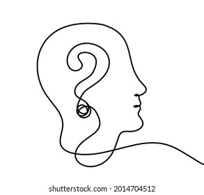 Man silhouette profile with question mark as line drawing on white background. Vector