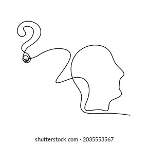 Perfil de silueta de hombre con signo de interrogación como dibujo de línea sobre fondo blanco. Vector