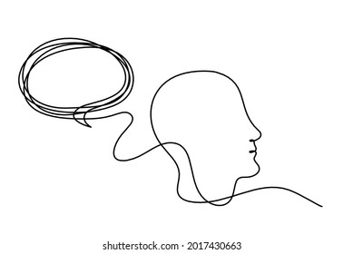 Man Silhouettenprofil mit Sprachblase als Linienzeichnung auf weißem Hintergrund. Vektorgrafik