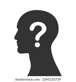 Man silhouette with question mark graphic icon. Anonymous male profile sign isolated on white background. Vector illustration