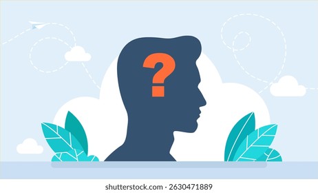 Man silhouette with question mark. Question mark sign concept for mental health awareness. Speechless human with question mark. Anonymous person graphic sign on white background. Vector illustration