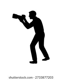 Man silhouette reporter holding camera, capturing moments