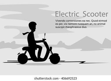 Man Silhouette Ride Moped Electric Scooter, Motorcycle Wearing Helmet. Nature Black Background .Vector Illustration