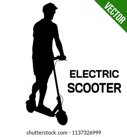 Man silhouette riding electric scooter on white background, vector illustration