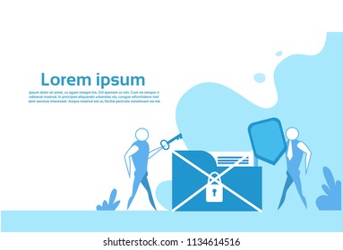 man silhouette security system data folder shield protection padlock concept horizontal copy space vector illustration