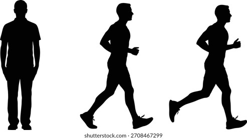 Secuencia de silueta de hombre de pie caminando y corriendo sobre fondo blanco