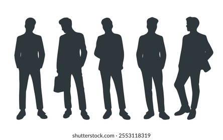 Man silhouette set. Fashion model people. Trendy and fashionable men with briefcase. Businessman in suit. Social media avatars. Flat vector collection isolated on white background