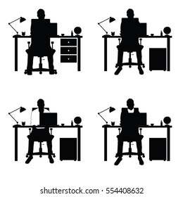 ノートパソコンとデスクイラストデザイン2の男性シルエットセット のベクター画像素材 ロイヤリティフリー