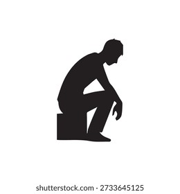 Man silhouette sitting, head down, sad emotion, lonely, thoughtful, isolated on white. Emotion and despair.