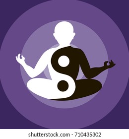 Man silhouette sitting and meditating in yoga pose with the sign of the yin and yang. Spiritual, balance, meditation and peace concept illustration vector.
