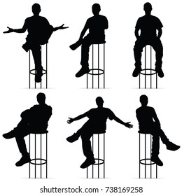 man silhouette sitting on bar stools set art illustration