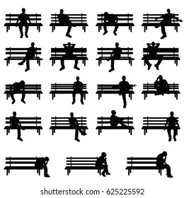 man silhouette sitting on bench set in black color art illustration