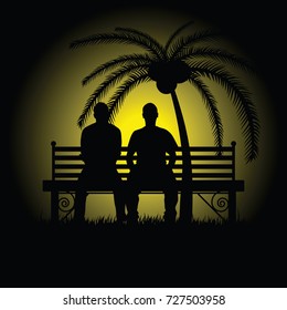 man silhouette sitting on bench under palm illustration