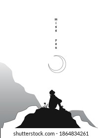 A man in silhouette sitting on the hill in the half moon night and waiting for hope. Vector illustration. 