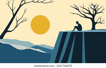 Homem Silhueta Sentado em Rocky Cliff Paisagem superior com Árvore Estéril e Sol na manhã