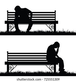 man silhouette sitting and thinking in park set illustration