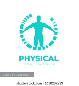 Man silhouette standing, health and wellness logo, vitruvian position in circle, cross symbol