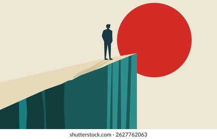 Man Silhouette Standing on Rocky Cliff Top Landscape as Success Symbol with Sun in the Morning