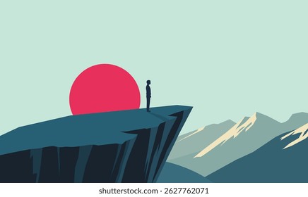 Man Silhouette Standing on Rocky Cliff Top Landscape as Success Symbol with Sun in Bright Sky