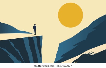 Man Silhouette Standing on Rocky Cliff Top Landscape as Success Symbol with Sun in the Morning