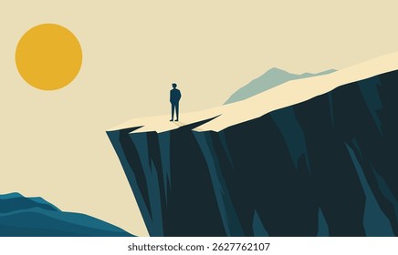 Man Silhouette Standing on Rocky Cliff Top Landscape as Success Symbol with Sun in the Morning