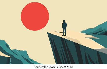 Man Silhouette Standing on Rocky Cliff Top Landscape as Success Symbol with Sun in the Morning