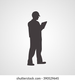 Man Silhouette Standing Sideway In Helmet And With Clipboard In His Hands Vector Icon