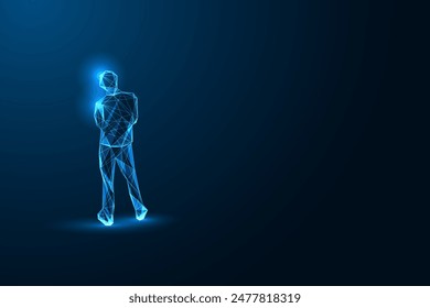Man silhouette stands with tilted head, hands held together isolated on dark blue background. Contemplation, solitude futuristic concept. Glowingpolygonal style. Modern abstract vector illustration.