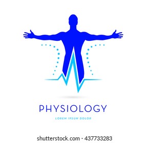 MAN SILHOUETTE WITH STRETCHED ARMS COMBINED WITH HEARTBEAT SYMBOL , VECTOR LOGO / ICON  , BRIGHT SATURATED BLUE COLORS