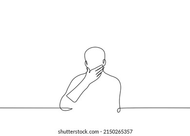 man silhouette stroking his chin - one line drawing vector. concept after shaving, thinking, shock and closing mouth, cover mouth when yawning, coughing or sneezing