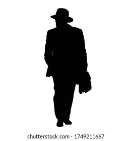 Man silhouette in suit and hat with briefcase on white background, vector illustration