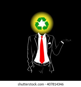 Man Silhouette Suit Red Tie Recycle Green Symbol Head Concept Black Background Contour Outline Vector Illustration