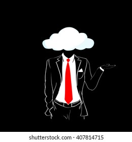Man Silhouette Suit Red Tie Cloud Head Black Background Contour Outline Vector Illustration
