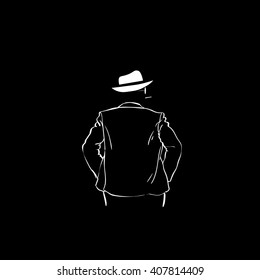 Man Silhouette Suit White Hat Rear View Black Background Contour Outline Vector Illustration