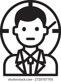 Silueta de hombre en el concepto de icono de círculo objetivo para la vigilancia de caza o apuntar a la persona esbozar la cabeza y los hombros simple Diseño gráfico.