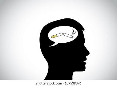 man silhouette thinking positively of quiting smoking thought. black young male person head silhouette with white talk bubble callout having a broken cigarette - quit smoking concept illustration