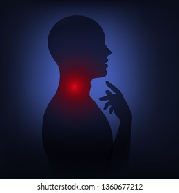 Man silhouette throat irritation, sore throat, symptom of flu, health problems. Vector illustration neon light style, low poly with dark background. 