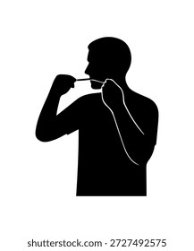 Man silhouette using dental floss, practicing daily oral care for healthy teeth and gums