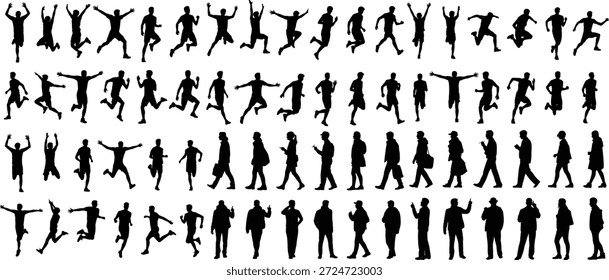 Conjunto de Vector de silueta de hombre con posturas para caminar saltando