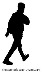 Man silhouette walking with backpack on white background, vector illustration