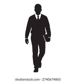 Man silhouette walking forward, holding book, formal attire, sweater vest, collared shirt, confident stride, educated, intellectual, isolated white background, scholar, student, teacher.
