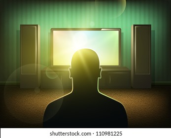 Man silhouette watching tv in the room. Front view. Vector art.