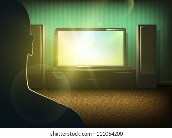 Man silhouette watching tv in the room. Front view. Vector art.