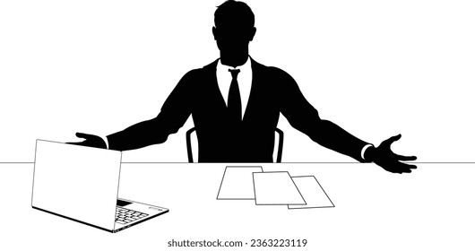 Mann in Silhouette mit einem Business-Anzug an einem Schreibtisch mit Laptop und Büroarbeit