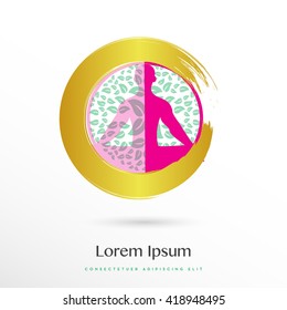 HOMBRE SILHOUETTE EN POSICIÓN DE YOGA DENTRO DE UN CÍRCULO DE ORO, ICONO / LOGO 